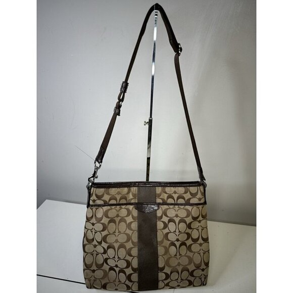 Coach Signature Stripe C Crossbody Messenger Shoulder Black Trendy Tan - Picture 1 of 8